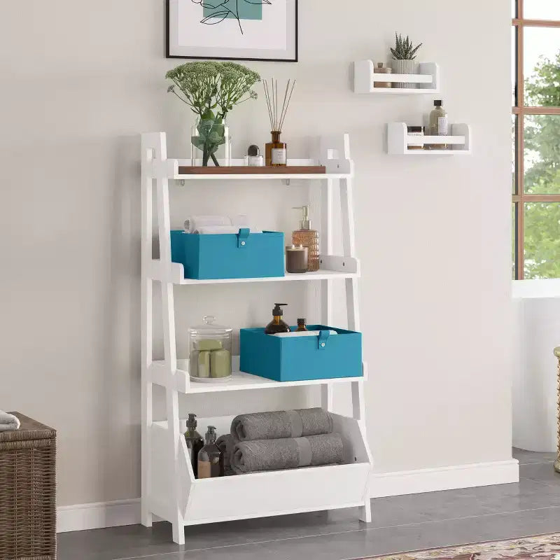 Étagères échelle et présentoir 4 niveaux 61 cm Amery avec bac de rangement blanc
