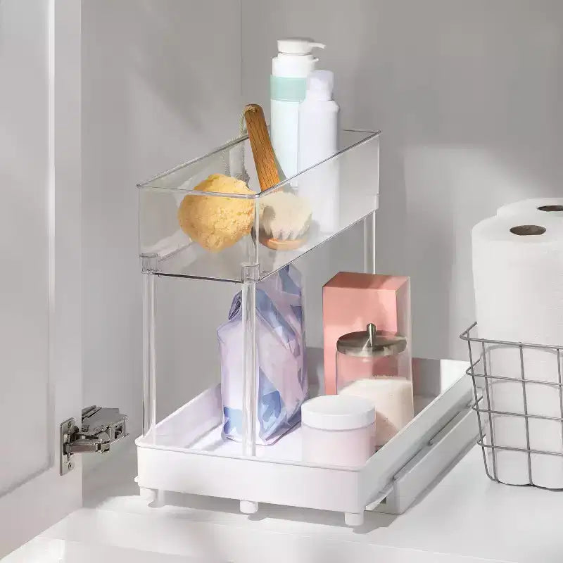 Longue tablette coulissante avec poubelle transparente