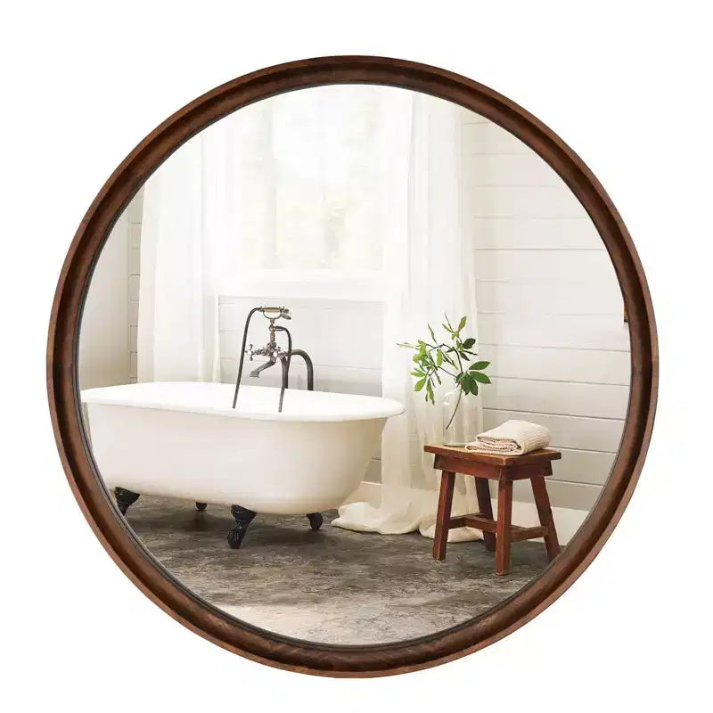 Miroir mural rond classique en bois WallBeyond de 26 po brun noyer