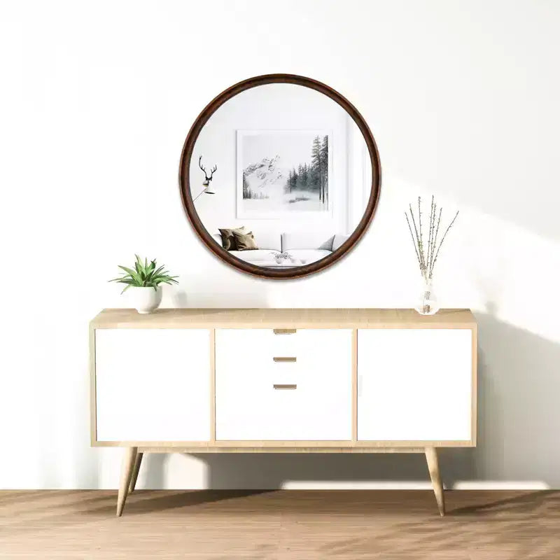 Miroir mural rond classique en bois WallBeyond de 26 po brun noyer