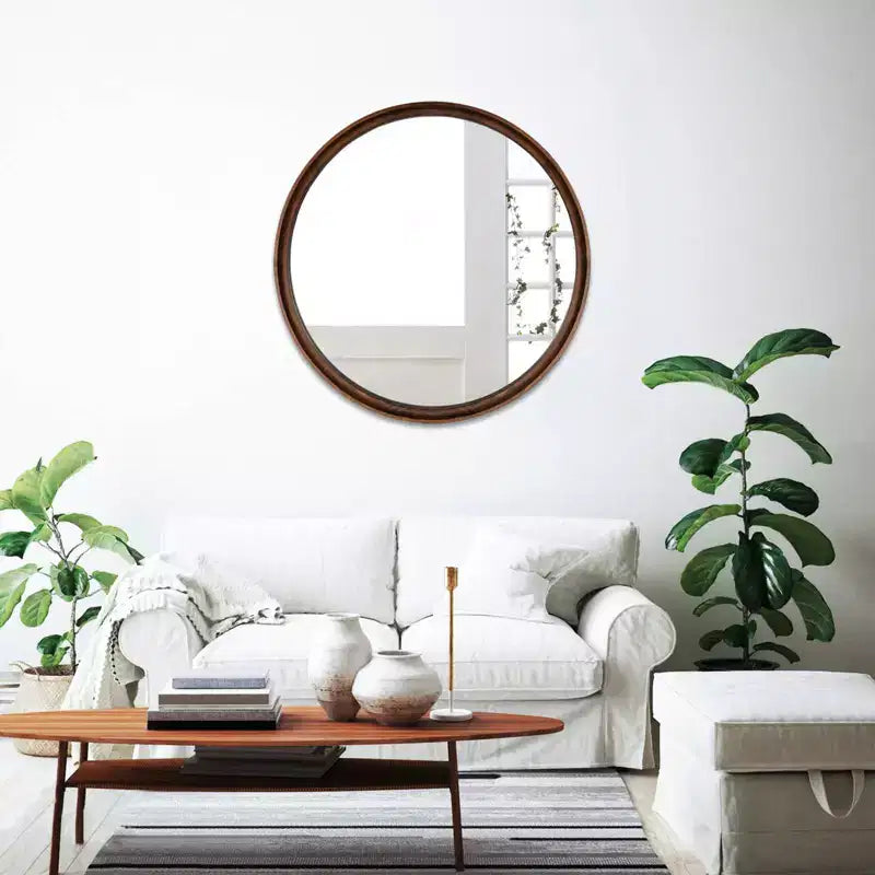 Miroir mural rond classique en bois WallBeyond de 26 po brun noyer