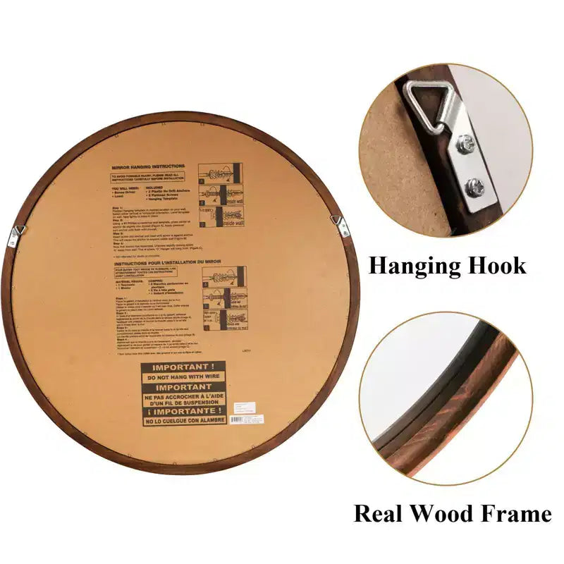 Miroir mural rond classique en bois WallBeyond de 26 po brun noyer