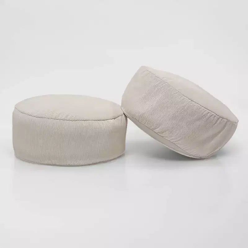 PM&J Lot de 2 poufs ronds empilables en velours côtelé, couleur crème : Pouf ottoman d'intérieur en forme de sac de haricots, motif uni, polyester, hauteur 38 cm