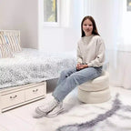 PM&J Lot de 2 poufs ronds empilables en velours côtelé, couleur crème : Pouf ottoman d'intérieur en forme de sac de haricots, motif uni, polyester, hauteur 38 cm