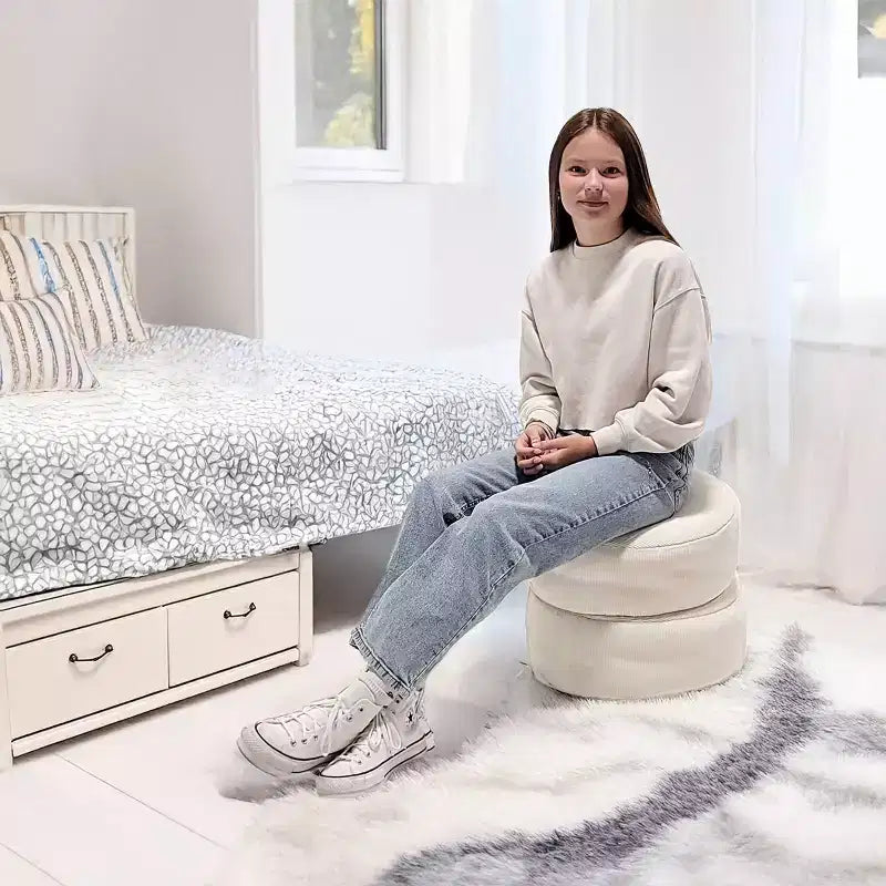 PM&J Lot de 2 poufs ronds empilables en velours côtelé, couleur crème : Pouf ottoman d'intérieur en forme de sac de haricots, motif uni, polyester, hauteur 38 cm