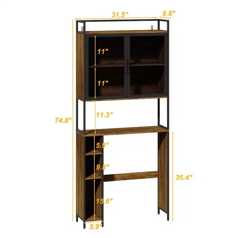 Étagère de rangement industrielle de salle de bain avec portes en treillis métallique et design au-dessus des toilettes