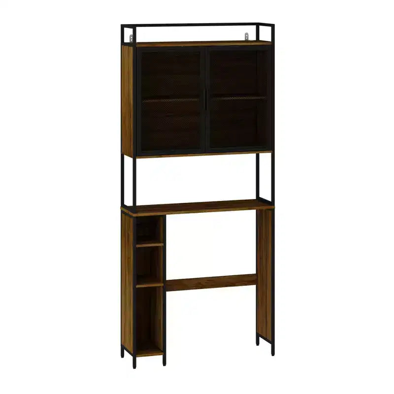 Étagère de rangement industrielle de salle de bain avec portes en treillis métallique et design au-dessus des toilettes