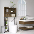 Meuble de rangement au-dessus des toilettes, Organisateur de salle de bain au-dessus des toilettes avec porte coulissante, 3 compartiments de rangement et 4 étagères ouvertes