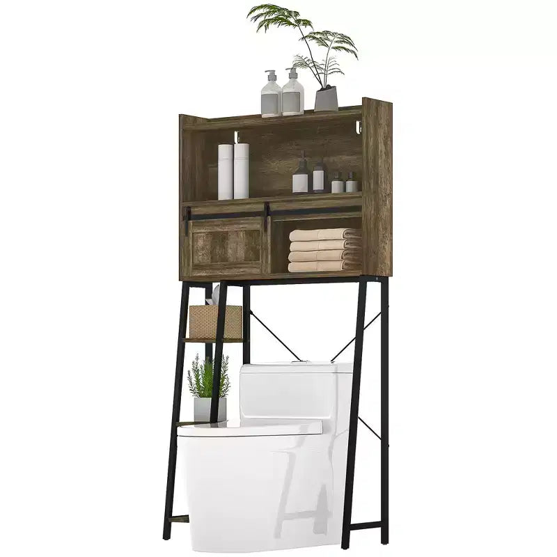 Meuble de rangement au-dessus des toilettes, Organisateur de salle de bain au-dessus des toilettes avec porte coulissante, 3 compartiments de rangement et 4 étagères ouvertes