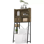 Meuble de rangement au-dessus des toilettes, Organisateur de salle de bain au-dessus des toilettes avec porte coulissante, 3 compartiments de rangement et 4 étagères ouvertes