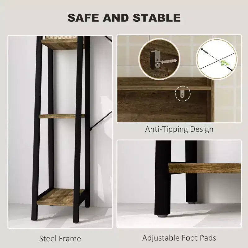 Meuble de rangement au-dessus des toilettes, Organisateur de salle de bain au-dessus des toilettes avec porte coulissante, 3 compartiments de rangement et 4 étagères ouvertes