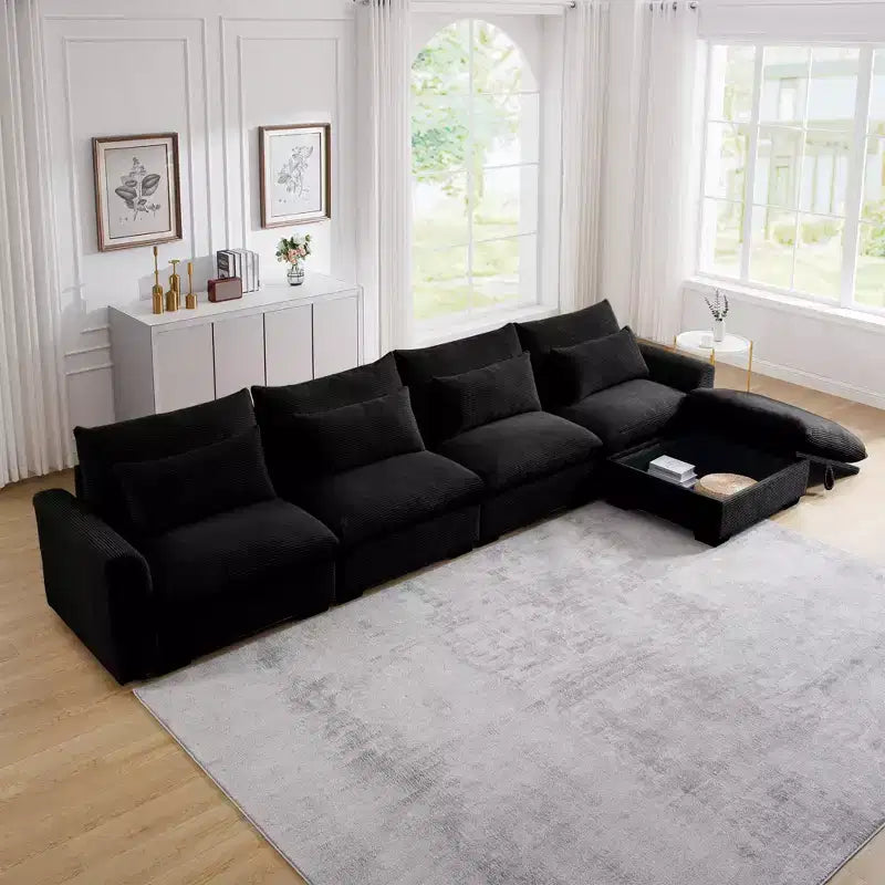 Christopher Knight Home Nelly Grand Canapé Sectionnel en Corduroy en Forme de L de 157,5, avec Ottoman de Rangement et 4 Coussins Lombaires