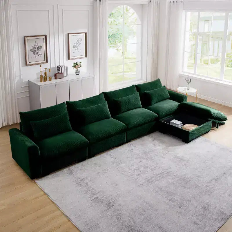 Christopher Knight Home Nelly Grand Canapé Sectionnel en Corduroy en Forme de L de 157,5, avec Ottoman de Rangement et 4 Coussins Lombaires