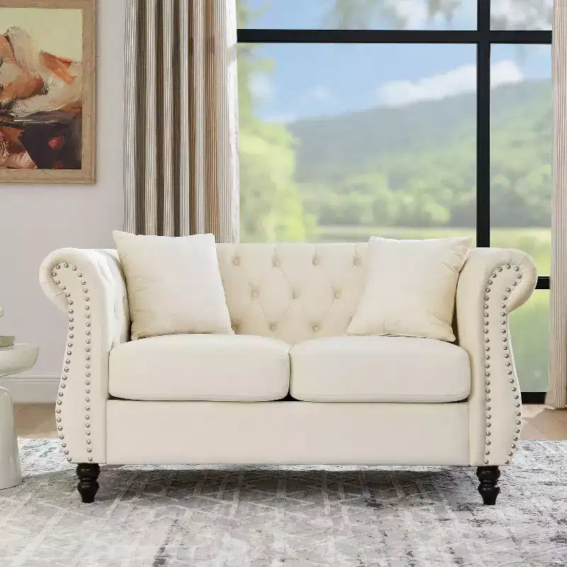 Canapé Chesterfield en velours de 58,8 pouces, canapé capitonné 2 places avec accoudoirs roulés et clous pour salon - Inclut deux oreillers