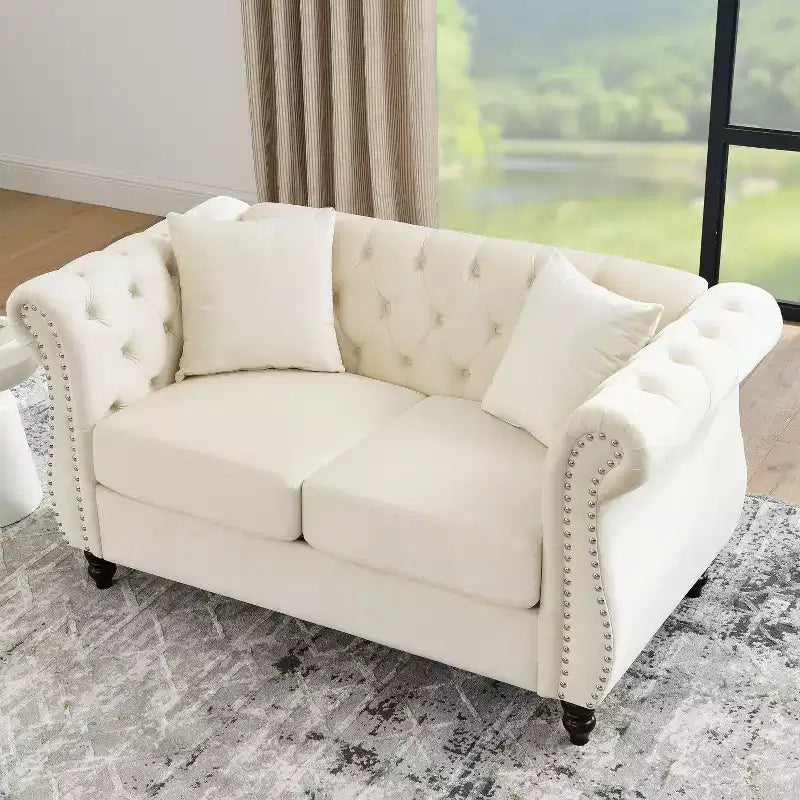Canapé Chesterfield en velours de 58,8 pouces, canapé capitonné 2 places avec accoudoirs roulés et clous pour salon - Inclut deux oreillers