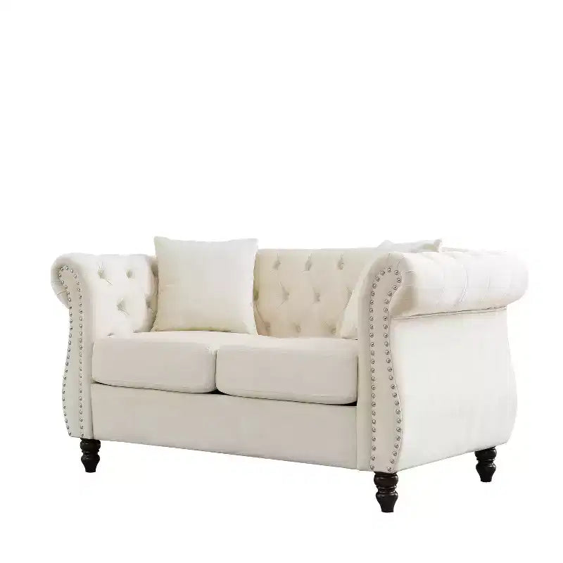 Canapé Chesterfield en velours de 58,8 pouces, canapé capitonné 2 places avec accoudoirs roulés et clous pour salon - Inclut deux oreillers