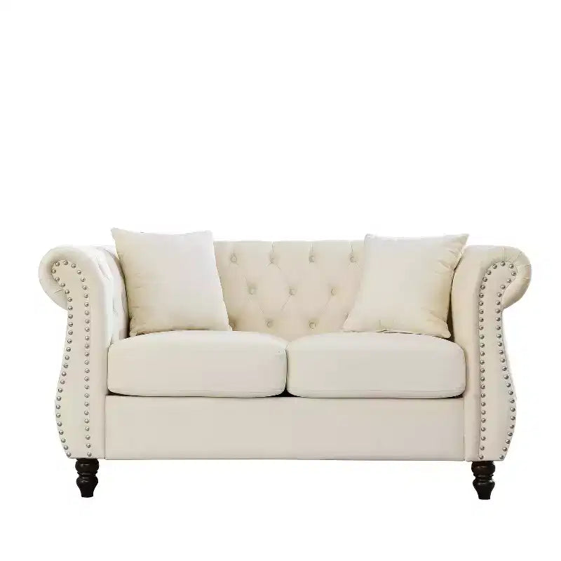 Canapé Chesterfield en velours de 58,8 pouces, canapé capitonné 2 places avec accoudoirs roulés et clous pour salon - Inclut deux oreillers