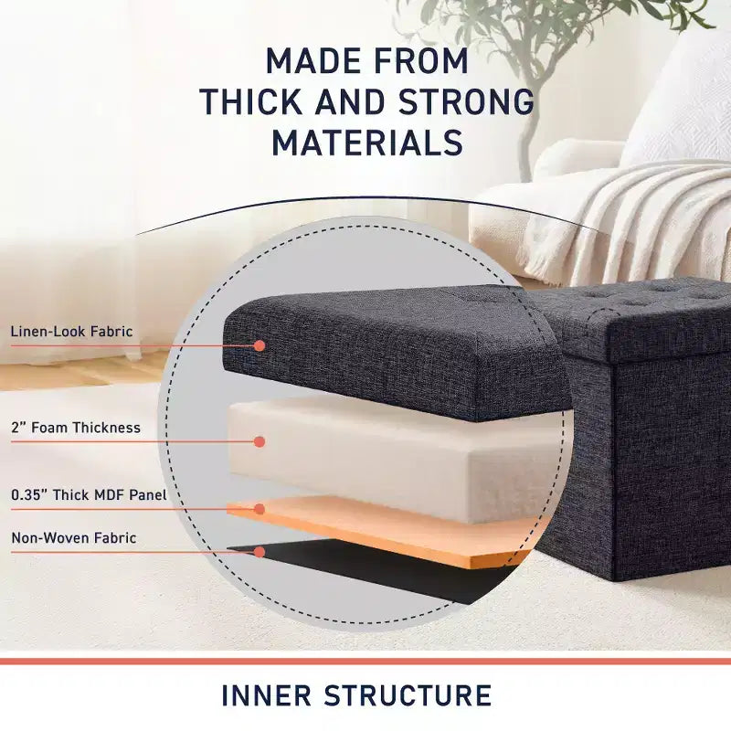Pouffe de rangement carré pliable en lin tufté Ornavo Home de 38,1 cm, parfait pour un dortoir, une chambre ou un salon