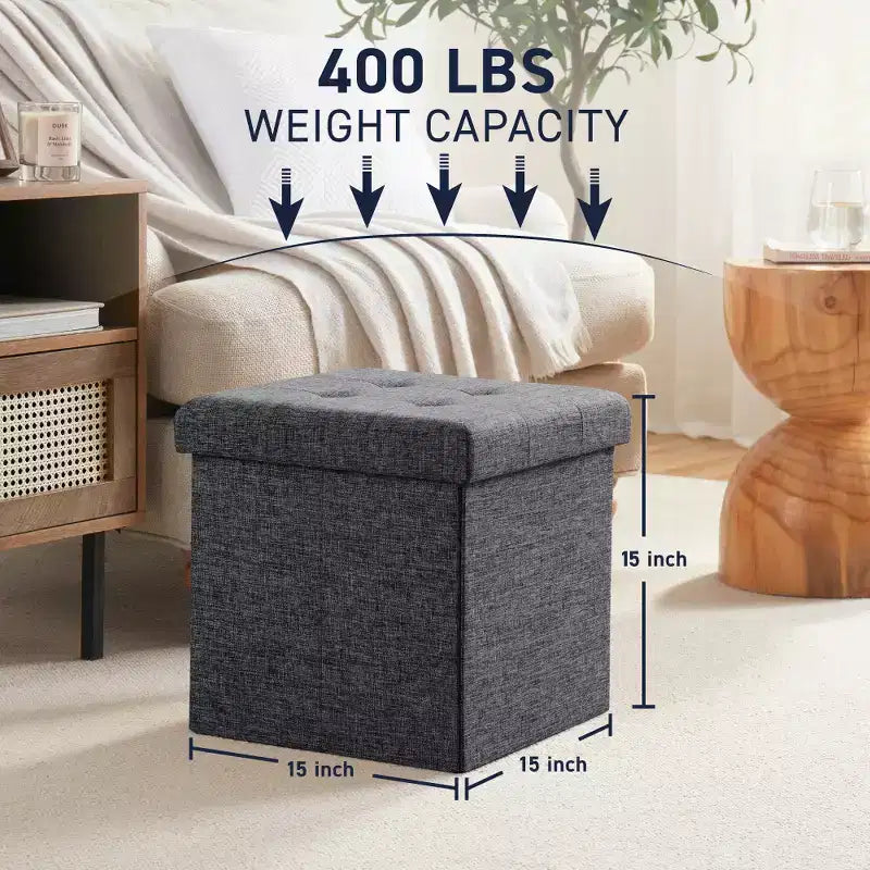 Pouffe de rangement carré pliable en lin tufté Ornavo Home de 38,1 cm, parfait pour un dortoir, une chambre ou un salon