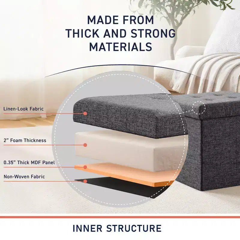Pouffe de rangement carré pliable en lin tufté Ornavo Home de 38,1 cm, parfait pour un dortoir, une chambre ou un salon