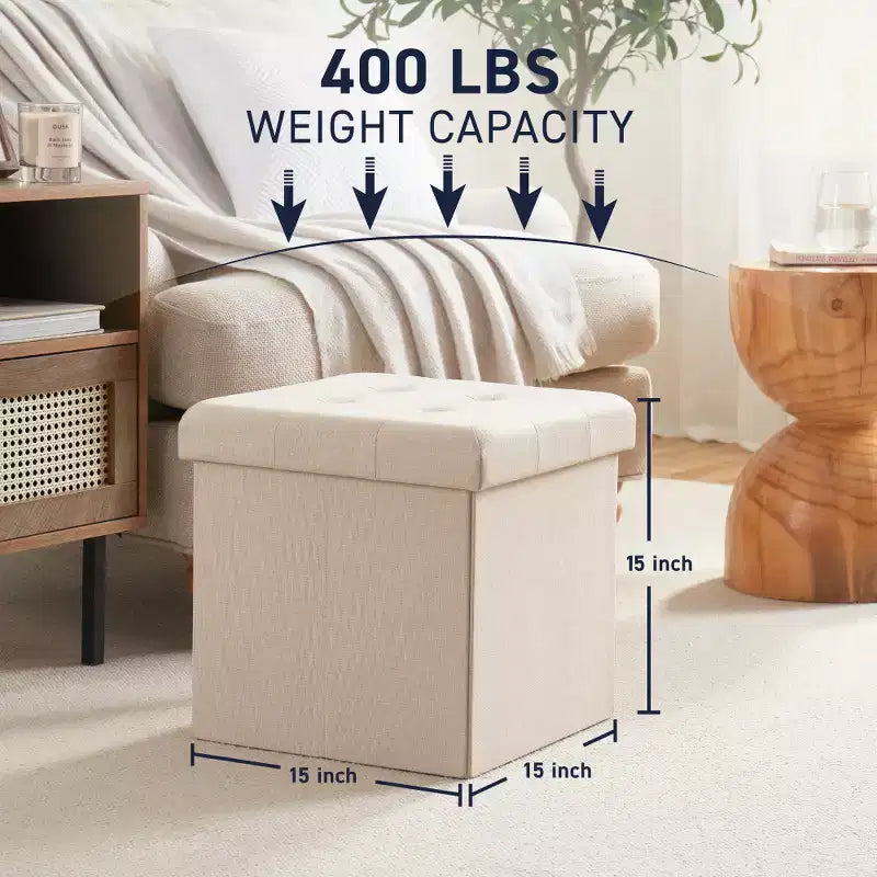 Pouffe de rangement carré pliable en lin tufté Ornavo Home de 38,1 cm, parfait pour un dortoir, une chambre ou un salon