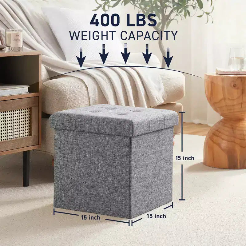 Pouffe de rangement carré pliable en lin tufté Ornavo Home de 38,1 cm, parfait pour un dortoir, une chambre ou un salon