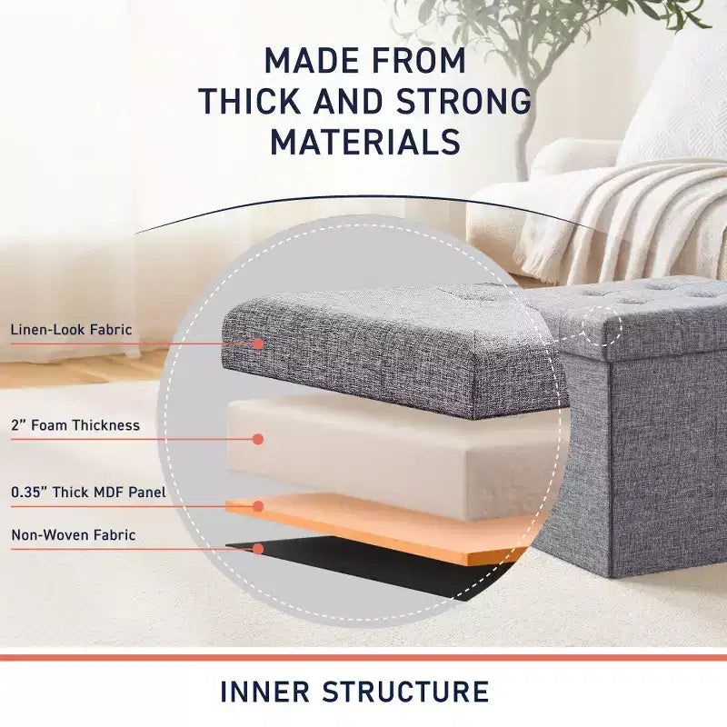 Pouffe de rangement carré pliable en lin tufté Ornavo Home de 38,1 cm, parfait pour un dortoir, une chambre ou un salon
