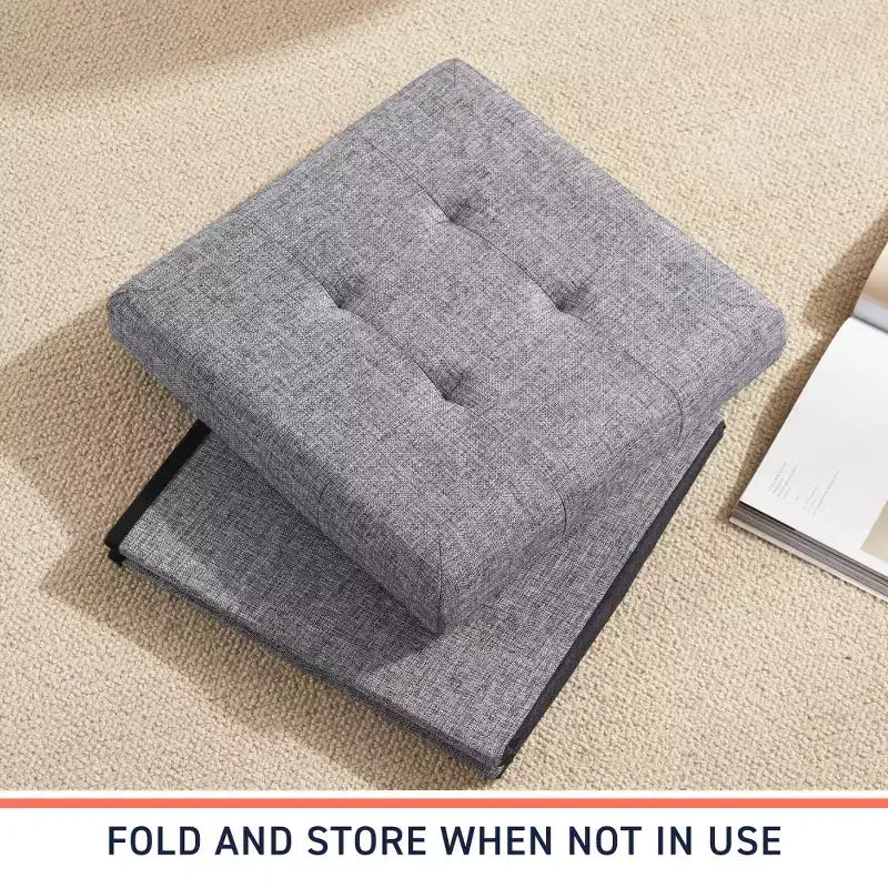 Pouffe de rangement carré pliable en lin tufté Ornavo Home de 38,1 cm, parfait pour un dortoir, une chambre ou un salon