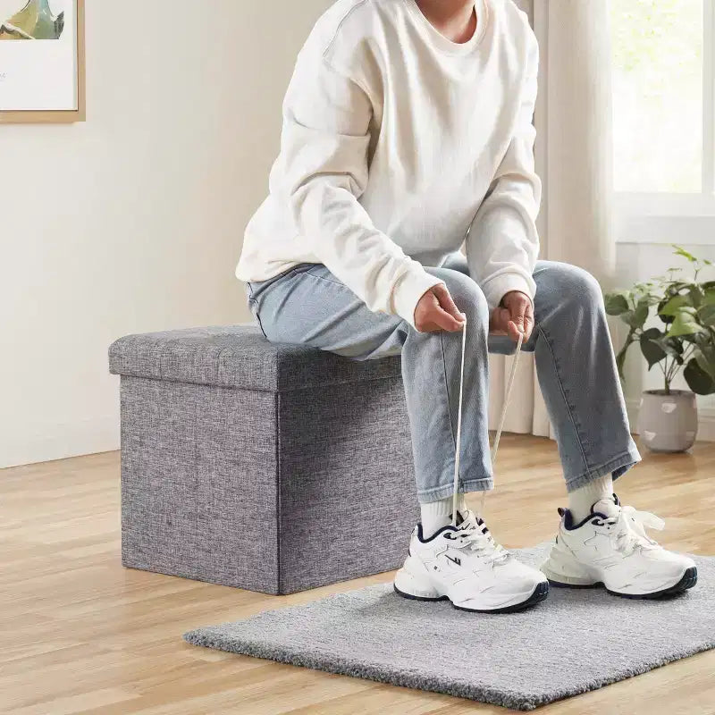 Pouffe de rangement carré pliable en lin tufté Ornavo Home de 38,1 cm, parfait pour un dortoir, une chambre ou un salon