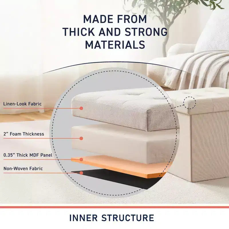 Pouffe de rangement carré pliable en lin tufté Ornavo Home de 38,1 cm, parfait pour un dortoir, une chambre ou un salon