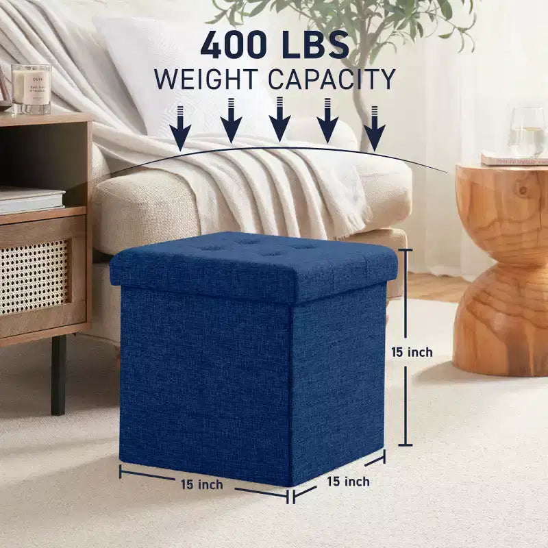 Pouffe de rangement carré pliable en lin tufté Ornavo Home de 38,1 cm, parfait pour un dortoir, une chambre ou un salon