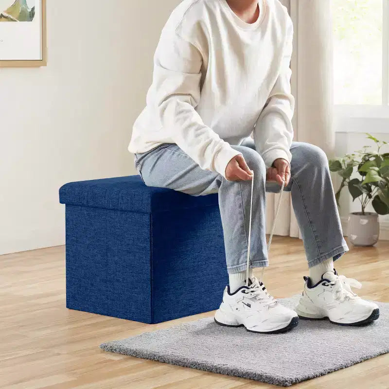 Pouffe de rangement carré pliable en lin tufté Ornavo Home de 38,1 cm, parfait pour un dortoir, une chambre ou un salon