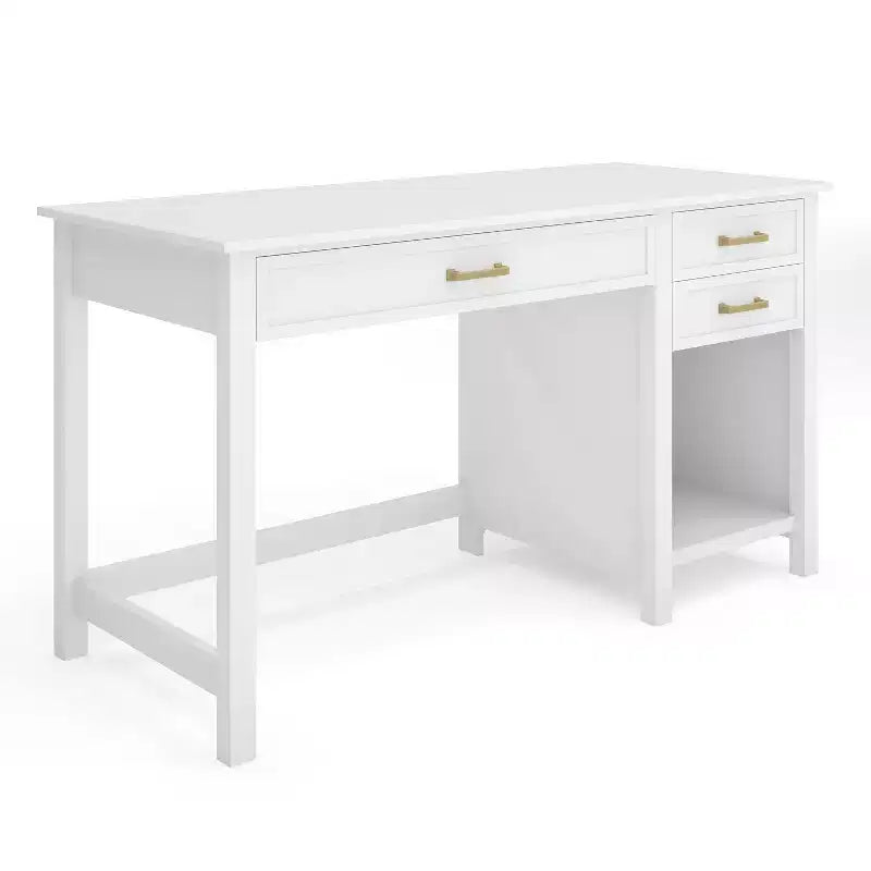 Martha Stewart Hutton Shaker Style Home Office Desk with 2 Side Drawers in White with Polished Brass Hardware