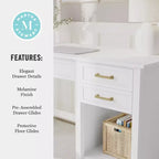 Bureau de style Shaker Martha Stewart Hutton avec 2 tiroirs latéraux, blanc avec quincaillerie en laiton poli