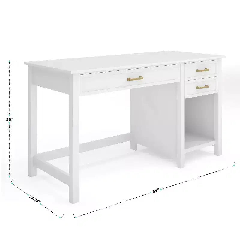 Bureau de style Shaker Martha Stewart Hutton avec 2 tiroirs latéraux, blanc avec quincaillerie en laiton poli