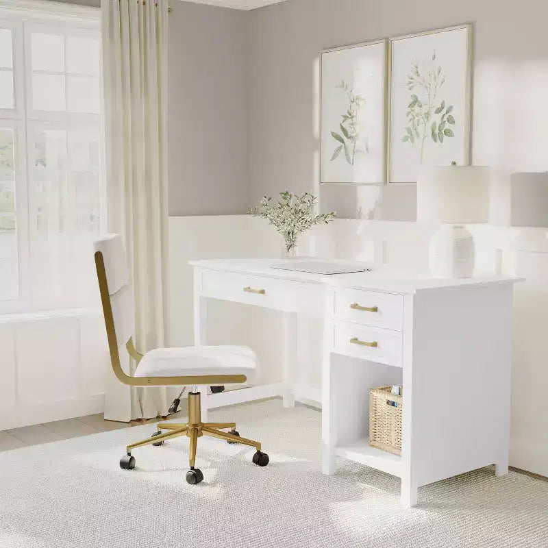 Bureau de style Shaker Martha Stewart Hutton avec 2 tiroirs latéraux, blanc avec quincaillerie en laiton poli