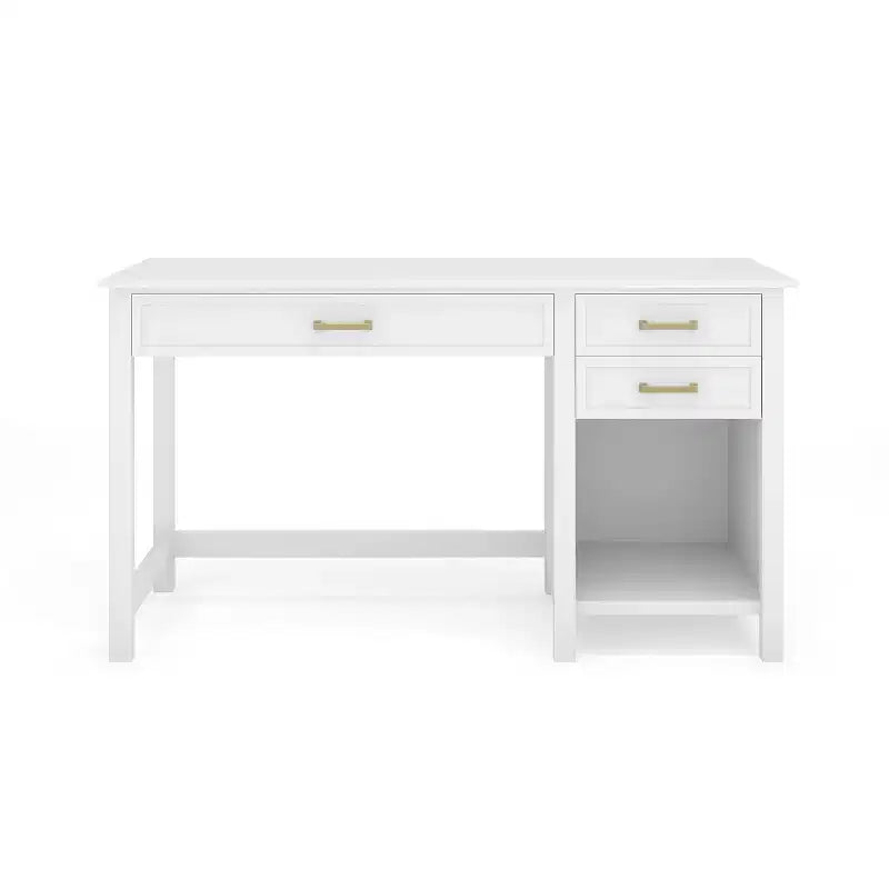 Bureau de style Shaker Martha Stewart Hutton avec 2 tiroirs latéraux, blanc avec quincaillerie en laiton poli