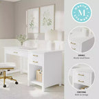 Bureau de style Shaker Martha Stewart Hutton avec 2 tiroirs latéraux, blanc avec quincaillerie en laiton poli