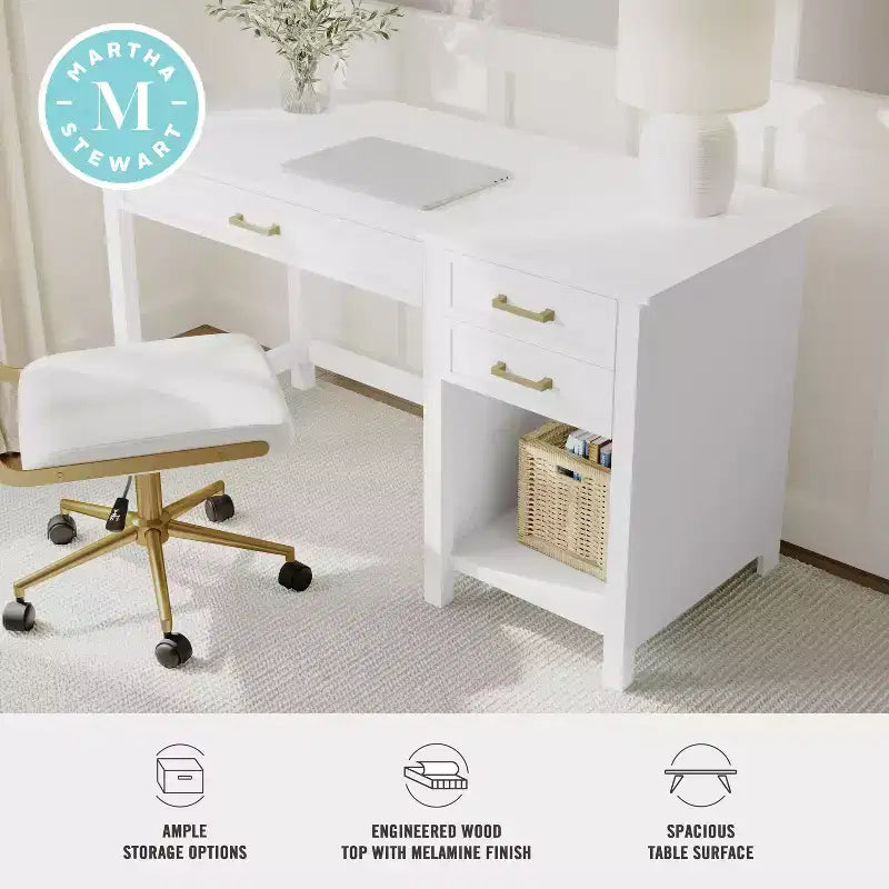 Bureau de style Shaker Martha Stewart Hutton avec 2 tiroirs latéraux, blanc avec quincaillerie en laiton poli