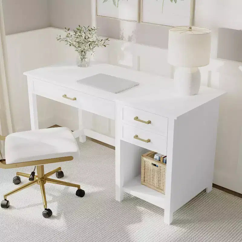 Bureau de style Shaker Martha Stewart Hutton avec 2 tiroirs latéraux, blanc avec quincaillerie en laiton poli