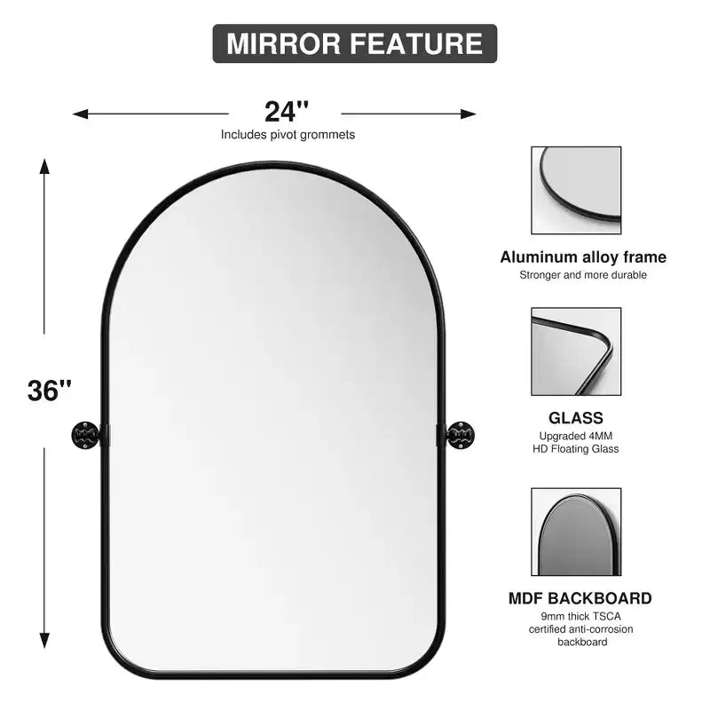 Miroir suspendu rotatif noir en fer forgé, forme d'arc, coins arrondis, 36*24