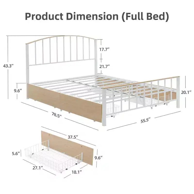 Cadre de lit Whizmax avec 4 tiroirs de rangement, sommier tapissier avec tête et pied de lit, couleur chêne