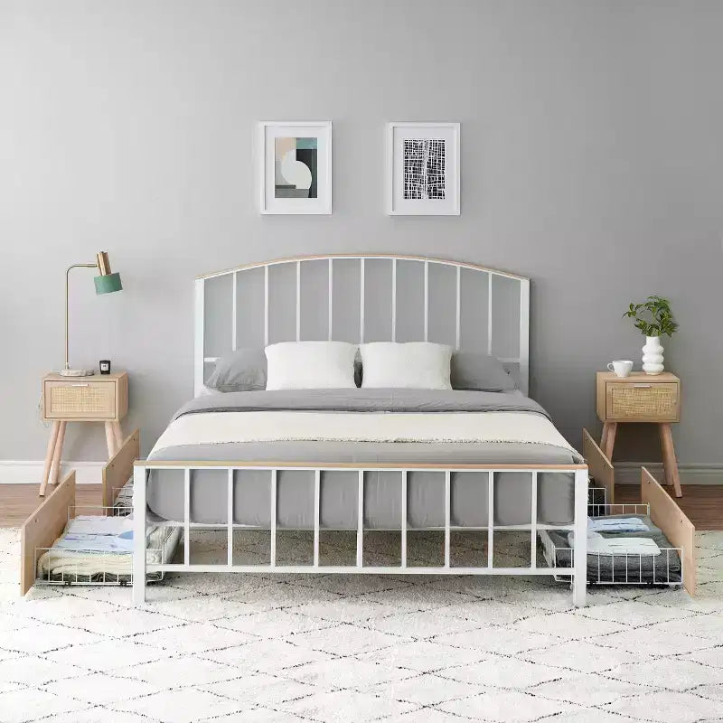 Cadre de lit Whizmax avec 4 tiroirs de rangement, sommier tapissier avec tête et pied de lit, couleur chêne
