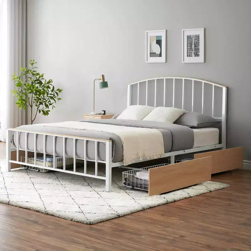 Cadre de lit Whizmax avec 4 tiroirs de rangement, sommier tapissier avec tête et pied de lit, couleur chêne