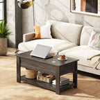 Table basse, table basse relevable de 99 cm avec compartiment caché et étagère de rangement