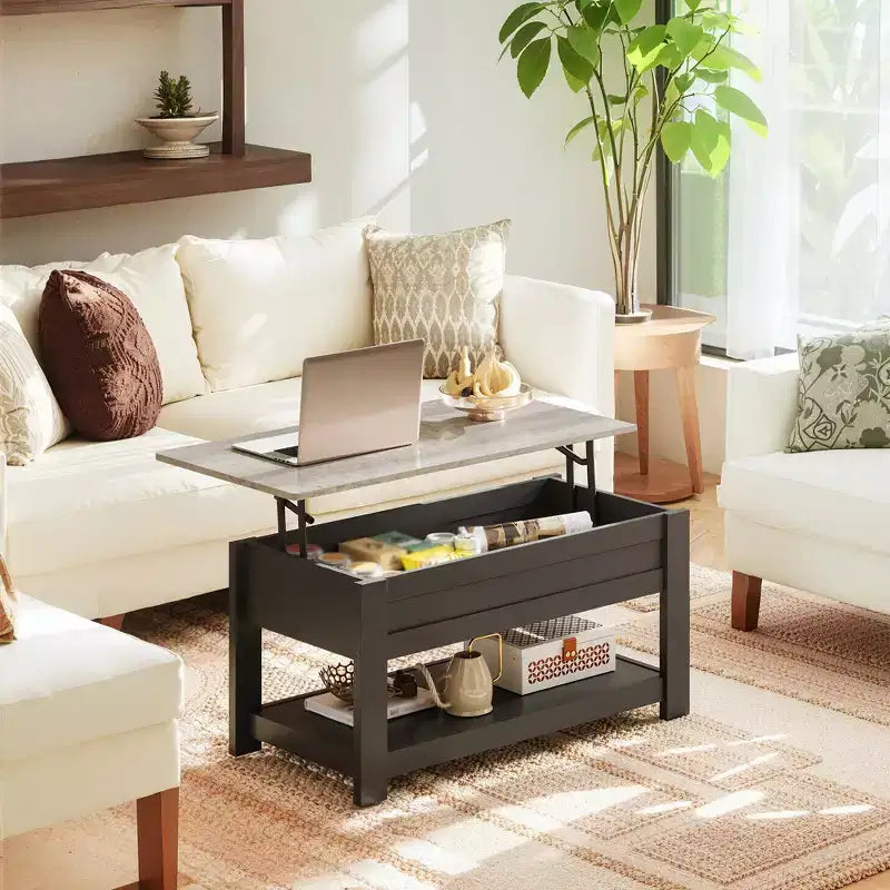 Table basse, table basse relevable de 99 cm avec compartiment caché et étagère de rangement