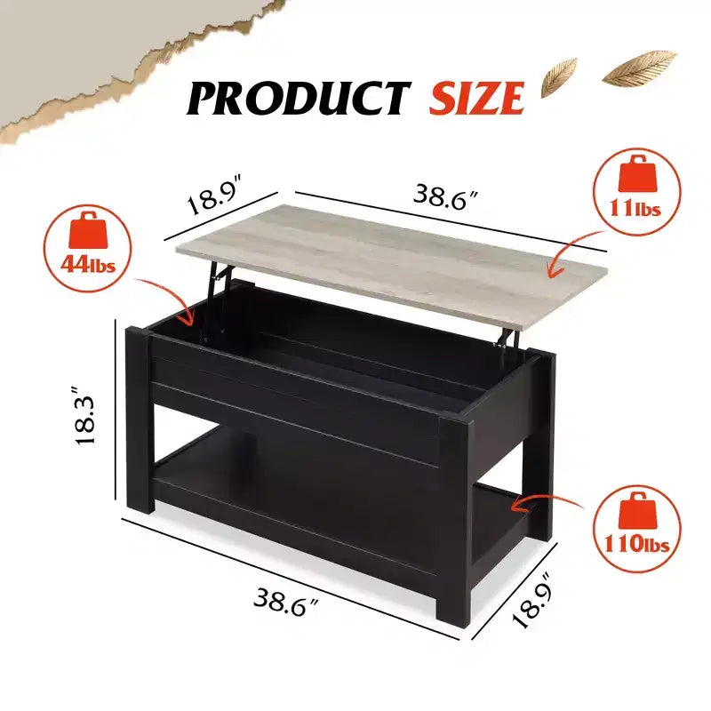 Table basse, table basse relevable de 99 cm avec compartiment caché et étagère de rangement