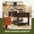 Table basse, table basse relevable de 99 cm avec compartiment caché et étagère de rangement
