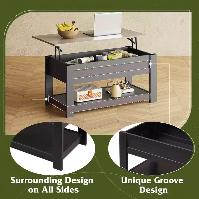 Table basse, table basse relevable de 99 cm avec compartiment caché et étagère de rangement