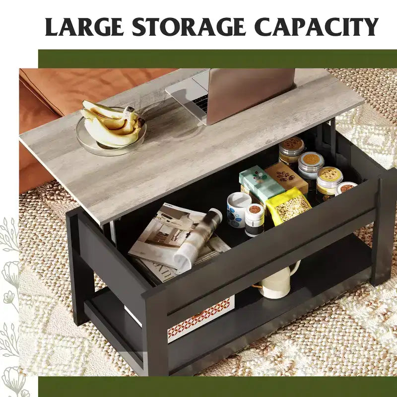 Table basse, table basse relevable de 99 cm avec compartiment caché et étagère de rangement